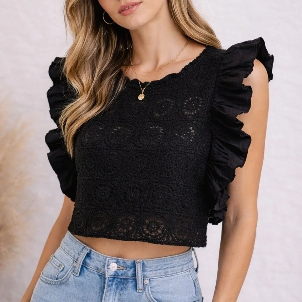 ZARA Crochet Open Knit Lace Ruffle Sleeve Crop Top Festival Romantic Black Sz M